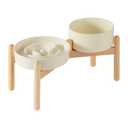 Havniva Ceramic 1.2 Cup Raised Slow Feeder Dog Bowl Set, Elevated 6.1inch Bowl and 7.3inch Puzzle Slow Food Dish with Wooden Stand for Medium and Small Dog, Anti-Gulping (2 x Beige+ Stand)
