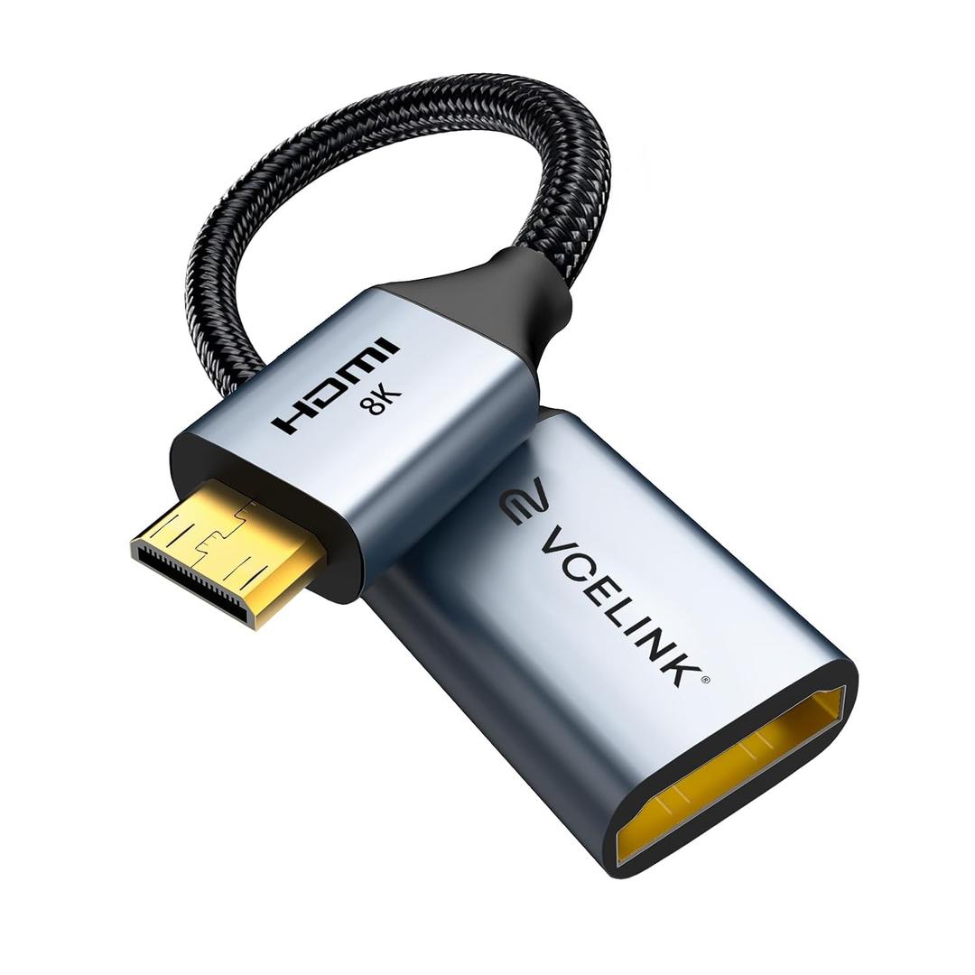 VCELINK Mini HDMI to HDMI Adapter Cable, 8K@60Hz/4K@120Hz, HDR Gold-Plated 7-inch High-Speed Mini HDMI Male to HDMI Female 48Gbps Cord for Camera, Raspberry Pi, Tablet, Monitor, Projector