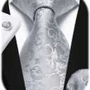 Enlision Mens Ties Solid Color Satin Necktie Ties for men Handkerchief Cufflinks Pocket Squares for Wedding (S1-light Grey Paisley)