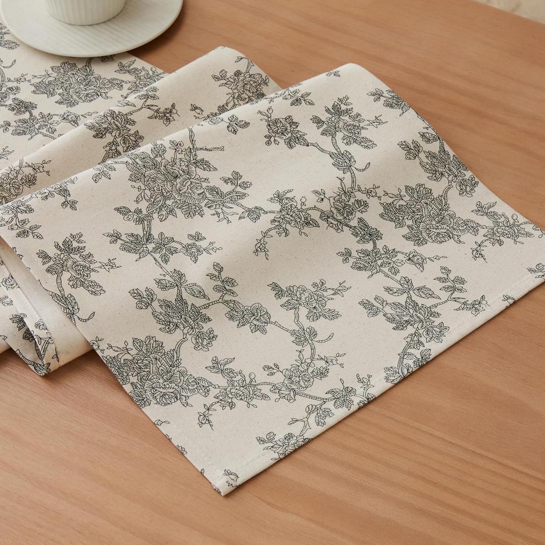 100% Cotton French Pastoral Table Runners, 13x72 Inch Black Farmhouse Table Runners 72 Inches Long, Vintage Flowers Print Home Decors