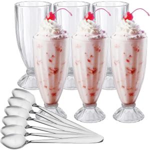 Cedilis Set of 6 Milkshake Glass, 12oz Old Fashion Sundae Cups, Retro Ice Cream Float Glasses, Heavy Base Soda Fountain Glassware with 6 Long Stainless Steel Spoons