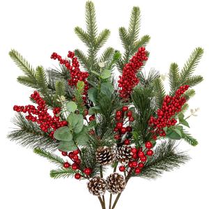 4 Pcs Christmas Artificial Pine Branches 28.3 inch Norfolk Pine Stems Christmas Greenery Picks with Red Berries Pines Needles Picks Spray Xmas Tree Branches for Xmas Vase DIY Craft Holiday Decor