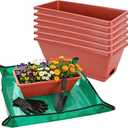 7 Pack Window Box Planters, 17 Inch Plastic Rectangular Flower Pots for Indoor/Outdoor Plants, Herbs, Vegetables, Includes Trowel, Waterproof Mat & Gloves (Brick-red)