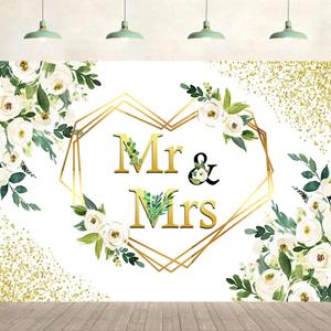 7x5ft Wedding Backdrop Mr and Mrs White Flowers Green Leaves Heart Bridal Background Wedding Party Supplies Engagement Glitter Spots Wall Banner Decoration Photography Photo Studio Props