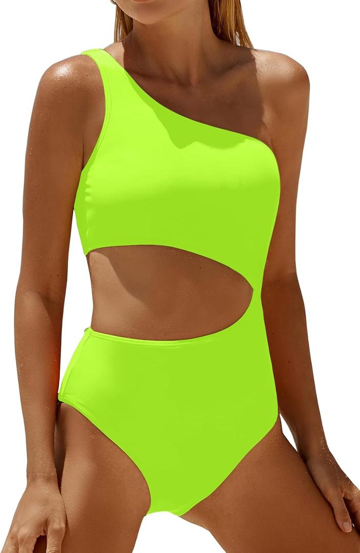 Women's One Piece Swimsuit- One Shoulder Bathing Suit Cutout Tummy Control Swimwear (L, Neon Green)