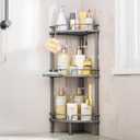 Consumest Corner Shower Caddy Stand - 3 Tier Shower Organizer with Soap Holder, Tall Floor Corner Shelf Standing with Adjustable Feet & 4 Hooks, Storage Rack for Bathroom Grey