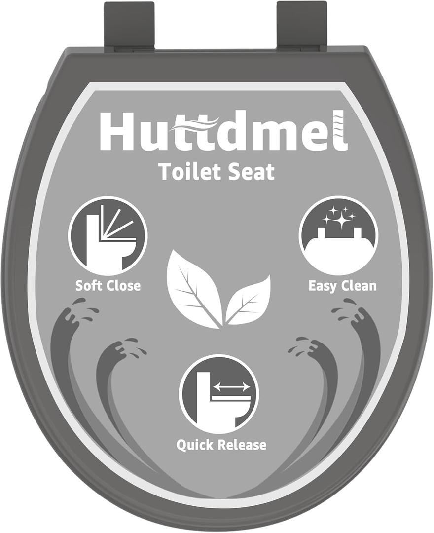 Huttdmell Toilet Seat Round 16.5 Inch with Quick Release-Quick Connect. White Round Toilet Seat with Soft Close. PP Material Safe, Easy Clean and Install, Sturdy Accessories Never Loosen,2 Years Support, Grey