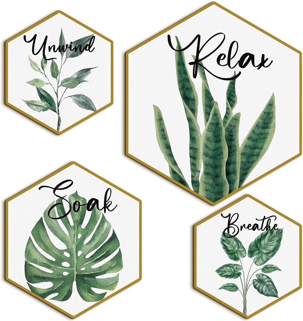 Hoteam Set of 4 Green Eucalyptus Bathroom Decor Botanical Wall Art Green and Gold Bathroom Decor Wall Art Relax Soak Unwind Breathe Paintings