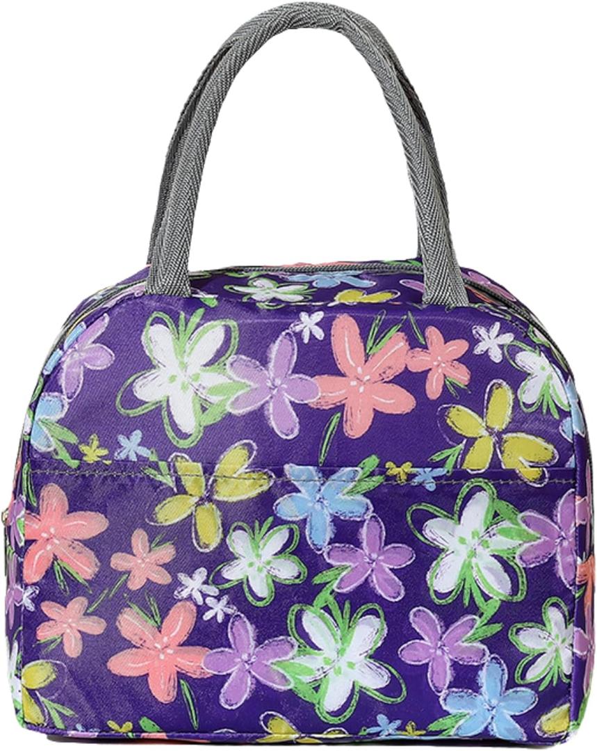Lunch Bag for Women/Men Large Insulated Leakproof Thermal Tote for Office Travel Picnics, Cute Pattern Reusable Lunch Box (Purple Flower)