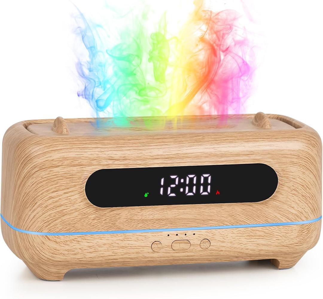 Flame Effect Aromatherapy Diffuser with Alarm Clock, 250ml Ultrasonic Essential Oil Humidifier, 4-Speed Timer, 7-Color Dimming, and Auto-Shutdown Home Fragrance (Wood Grain)
