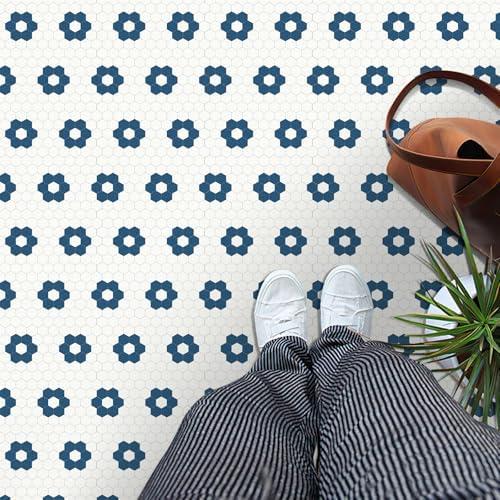 MORCART Peel and Stick Floor Tile, Vinyl Flooring Waterproof, DIY Flooring for Bathroom, Kitchen, Fireplace, Pet House, Stairs, Bedrooms, Wall(40PCS,7.87" x 7.87",Dark Blue+White)