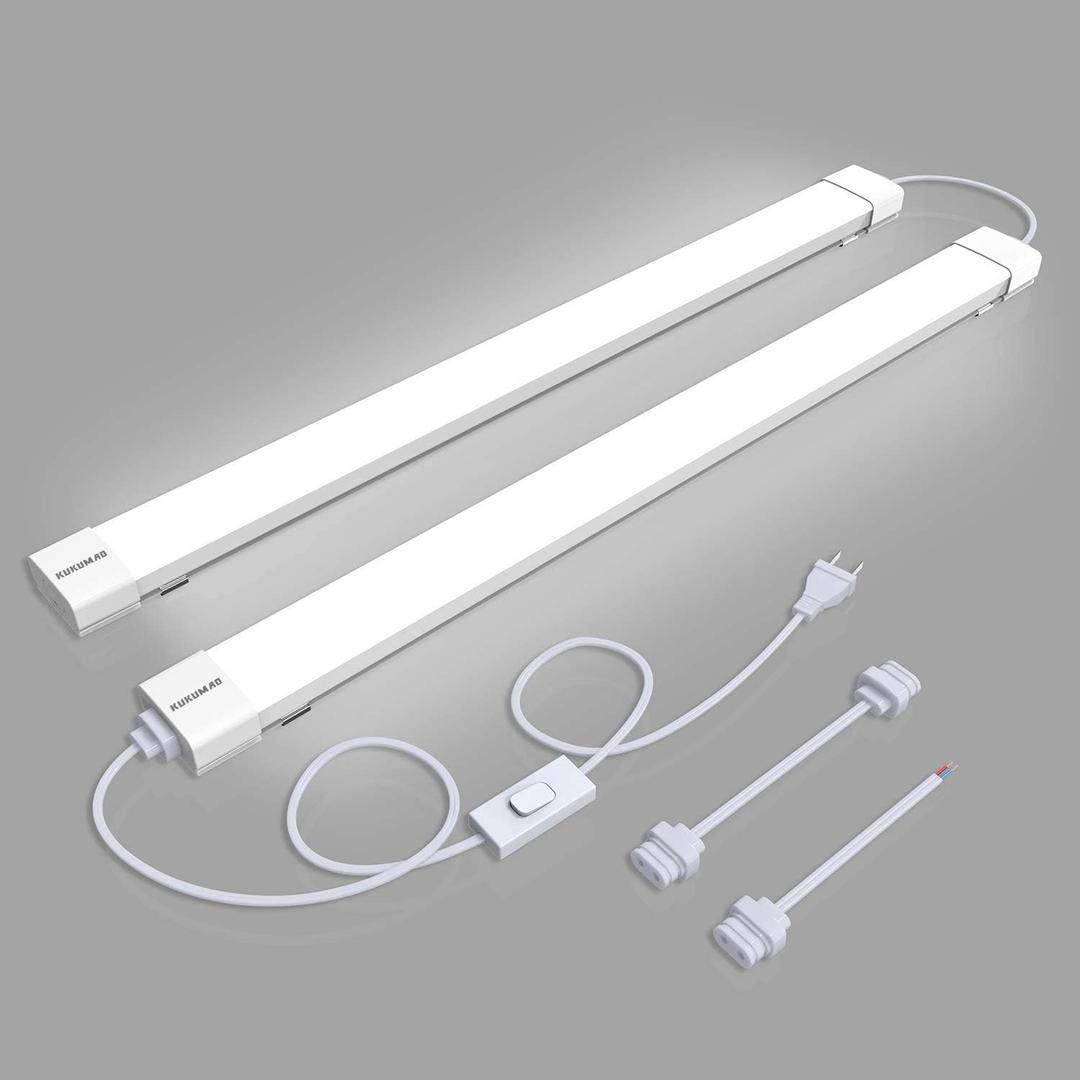 KUKUMAO Utility LED Shop Light Fixture with Plug 4FT 5000K 36W 3600LM Linkable Waterproof Closet Light Under Cabinet Light Ceiling Tube Light for Garage Kitchen Bathroom Workbench and Office(2 Pack) (White)