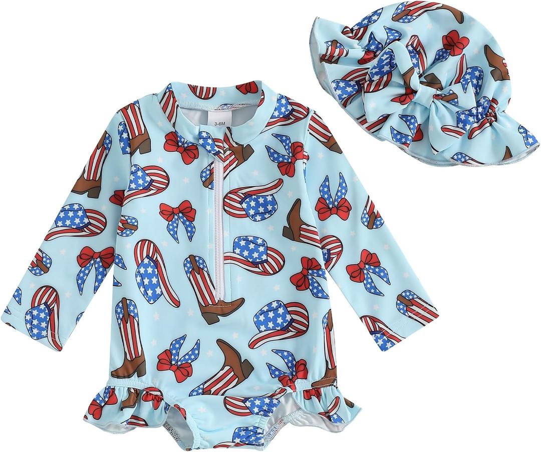 Toddler Baby Girl Rash Guard 4th of July Swimsuit Long Sleeve Zipper Bathing Suit Swimwear with Swim Cap (3-6 Months)