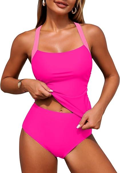 ZAFUL Tankini Swimsuits for Women Tummy Control Swimsuits Bathing Suits Gingham Tankini Set Striped Swimwear Square Neck Cross Strap Full Coverage Bottoms for Beach Vacation Resort Cruise Pool 2026 M