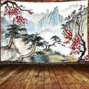 JAWO Cherry Blossom Japanese Wall Tapestry - Nature Landscape Decor for Living Room Home (80X60 inch, Blue)
