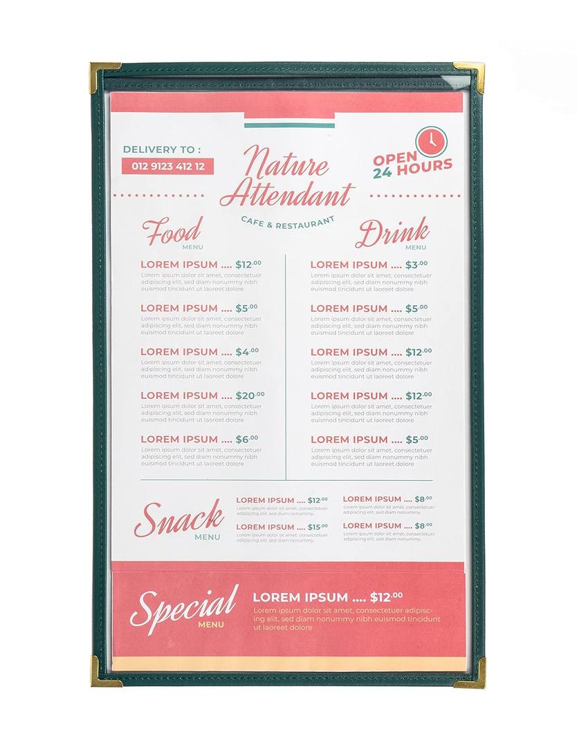 Menu Covers, Single Page, 1 Pocket, 2 View, for 8.5" x 14" Legal Size Paper, Pack of 6, Green Edging + Gold Metal Corner, Made with Leatherette & Vinyl