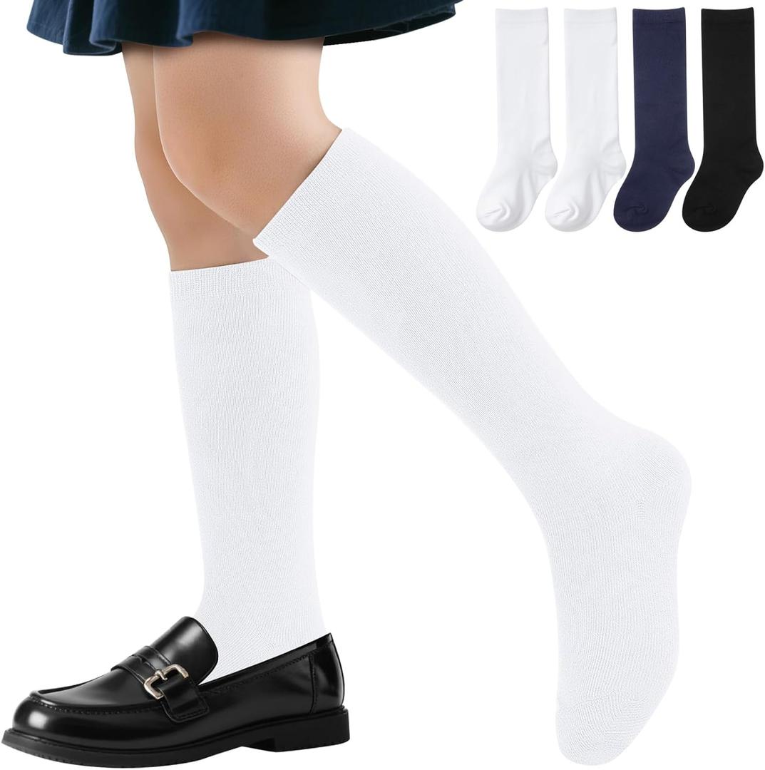 Cozypower 4 Pairs Calf Knee High Sock for Girl Kid Boy, Cotton School Uniform Unisex Solid Seamless Sock for Dress (Medium, Balck,white,navy Blue)