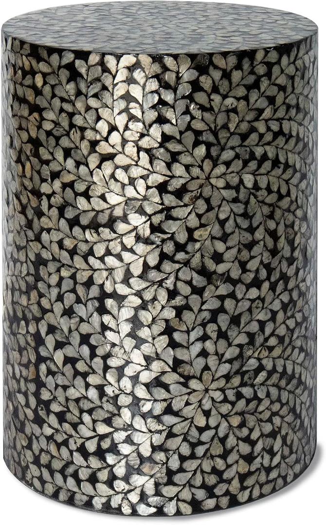 MadeTerra Mother of Pearl Drum End Table | Mossaic Kitchen & Vanity Stool - Midcentury Modern Coffee Side Table- Pearl Black Nightstand Drum End Small Accent Table (Floral)