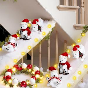 Polar Bear Christmas Staircase Decorations Set Banister Christmas Decoration with 6 Pcs Skiing Polar Bears Artificial Snow Blanket LED Lamp Xmas Hat Scarf for Home Xmas Stairs Decor
