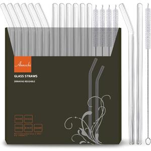 ANNVCHI 16 Pack Reusable Glass Straws,Set of 6 Straight and 6 Bent with 4 Cleaning Brush,Perfect for Smoothies,Tea, Juice, Milkshakes(8.5''x10 MM)
