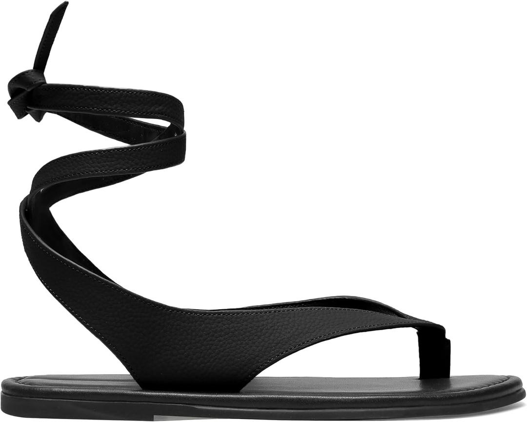 Ankle Strap Flat Sandals for Women Comfortable Lace Up T-Strap Slip on Flip Flops Flats Ladies Fashion Cute Thong Sandals Summer Soft Flip Flops Sandals (7, Black)