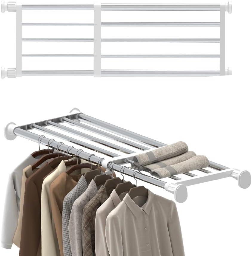 Hershii Tension Shelf Expandable Rod Closet System Heavy Duty Clothes Hanger Adjustable DIY Storage Organizer Freestanding Partitions Shoe Rack (23.62 - 31.49 inches, Ivory)