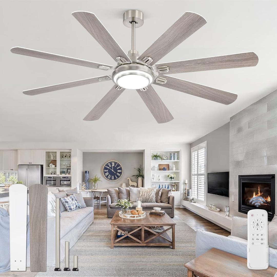 65 Inch Ceiling Fans with Lights and Remote, Brushed Nickel Ceiling Fan with 8 Dual-Color Blades, Indoor/Outdoor Large Ceiling Fans, Reversible DC Motor, 6-Speed, 3CCT for Living Porch Patio