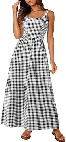 PRETTYGARDEN Women's 2025 Summer Spaghetti Strap Maxi Dresses Plaid Square Neck A Line Casual Beach Vacation Long Sundress, XL