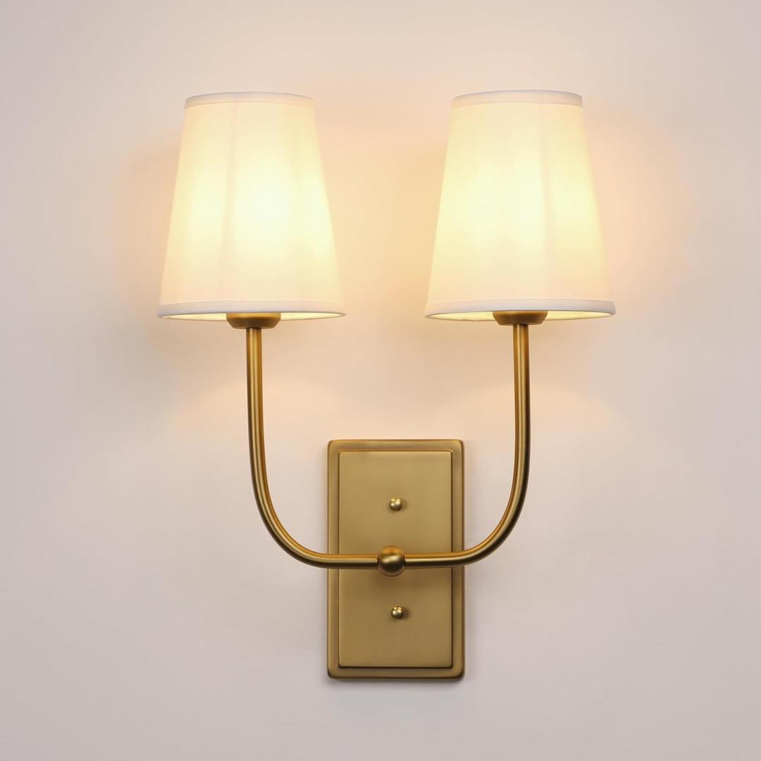 Vintage 2-Lights Wall Sconces with Funnel White Fabric Shades, Double Head Bathroom Vanity Lights Fixture, Indoor Wall Lamps for Bedroom Living Room Hallway Stairway