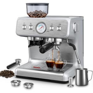 Espresso Machine with Built-in Grinder,Professional 15 Bar Espresso Maker with Milk Frother Steam Wand,Stainless Steel Espresso Coffee Machine with Removable Water Tank for Cappuccino, Latte