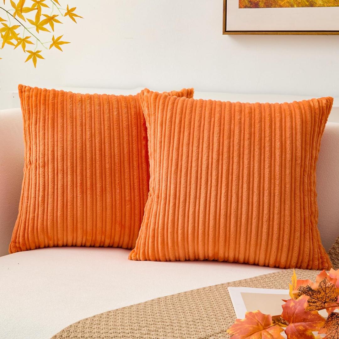 Kevin Textile Decorative Fall Throw Pillow Covers Pack of 2 Corduroy Soft Soild Pillow Cases Square Pillowcases for Cushion Couch Sofa Bedroom Living Room 16 x 16 Inch, Orange