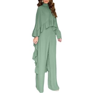 CHICME 2 Pieces Outfits for Women 2025 High-Low Ruffles Hem Cape Top and Casual Wide Leg Pants Matching Sets Fall Vacation Travel Outfits Green-XL