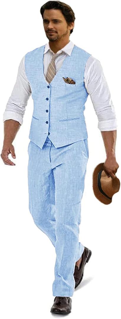 Linen Suits for Men Casual Wedding Suits Men 2 Piece Suits Groomsmen Tuxedos Summer Beach Prom Vest and Pants Set (Blue, XL)