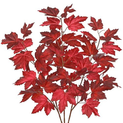3Pcs Fall Decor Artificial Maple Leaves Branches Fake Fall Leaves Stems Plants Faux Maple Shrubs Leaf Bushes for Home Kitchen Decor Autumn Thanksgiving Fireplace Festival Party Decorations Light Red