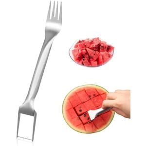 2 in 1 Stainless Steel Fruit Cutter,Watermelon Slicer Cutter,Watermelon Fork Slicer Cutter Slicer Tool,Dual Head Fruit Forks Slicer Knife for Home Kitchen Gadget (1pack), Large, Silver