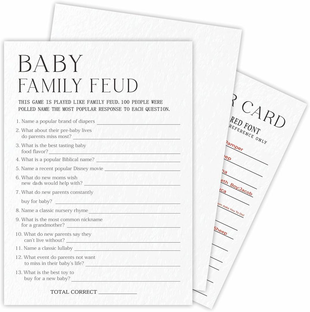2 x Baby Shower Family Feud Game Cards - Minimalist White Baby Shower Games 30 Fill In Game Cards & 1 Answer Card for Boy or Girl - Gender Reveal Party Suppliers - A05