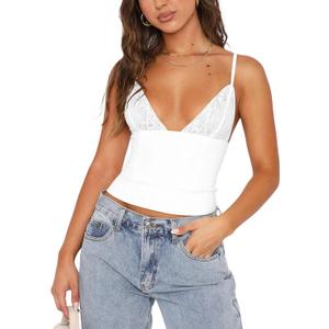 REORIA Lace Tops for Women Sexy V Neck Sleeveless Double Lined Going Out Tank Y2K Fashion Crop Top 2025 Trendy (Medium, White)