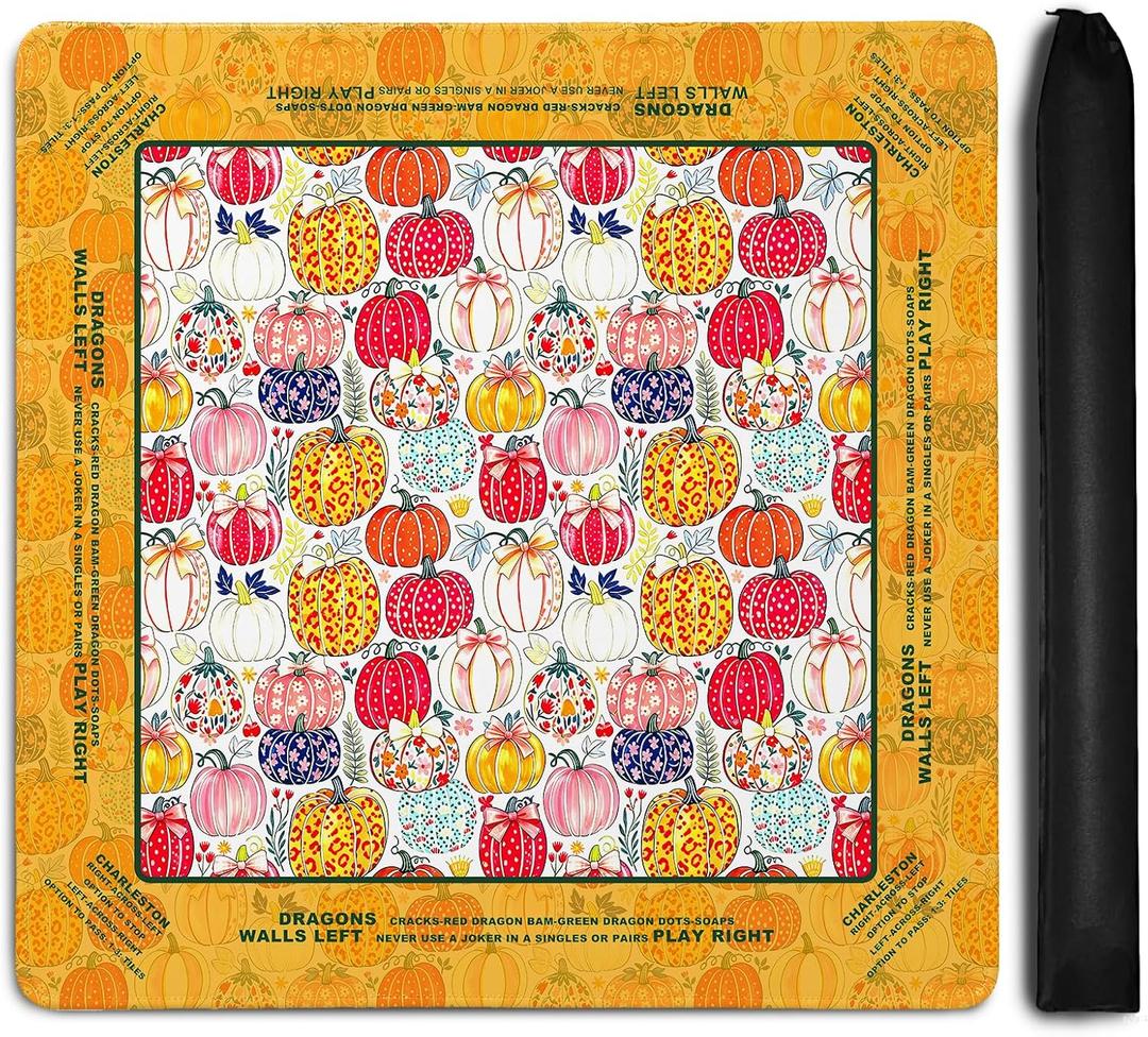 Autumn Pumpkin Mahjong Mat,Fall American Mahjong Game Table Pad, 31.5 x 31.5 x 0.08 inches