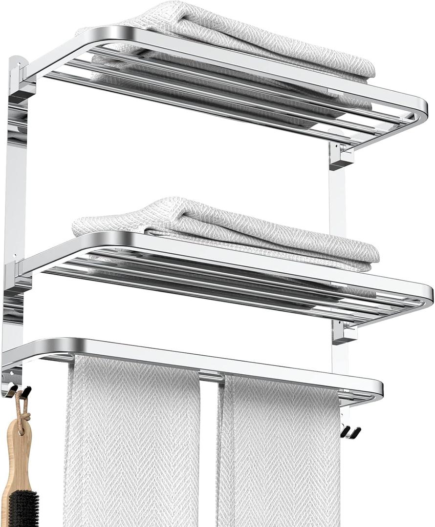 CAXIMSY 22.8Inch Towel Rack for Bathroom and Lavatory Towel Hanger with Wall Mount Towel Bars 304 Stainless Steel No Drill (Collapsible Towel Rack)