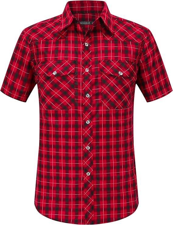JMBONHEUR Men's Western Cowboy Pearl Snap Buttons Plaid Short Sleeve 2 Pockets with Pen Holder Lightweight Casual Shirt (Red Black #22, L)