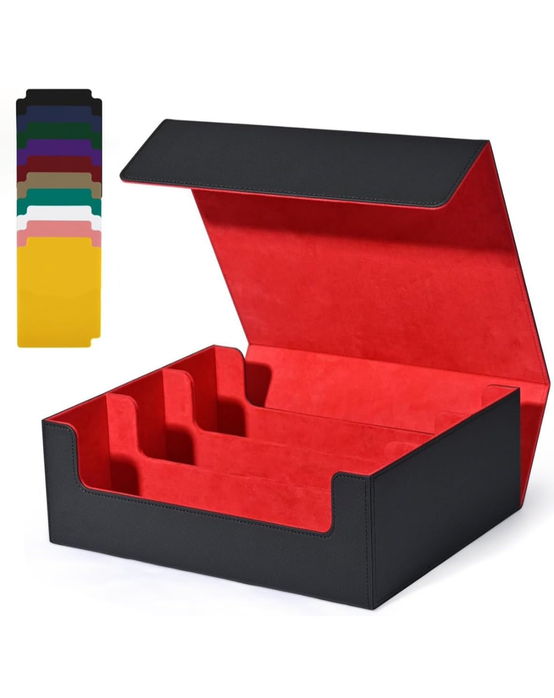 Trading Card Storage Box, Holds 1800 Sleeved Cards with 10 Dividers & 3 Stoppers, Magnetic Closure PU Leather Card Case for MTG, PTCG, YGO, Sports Cards (Black&red)