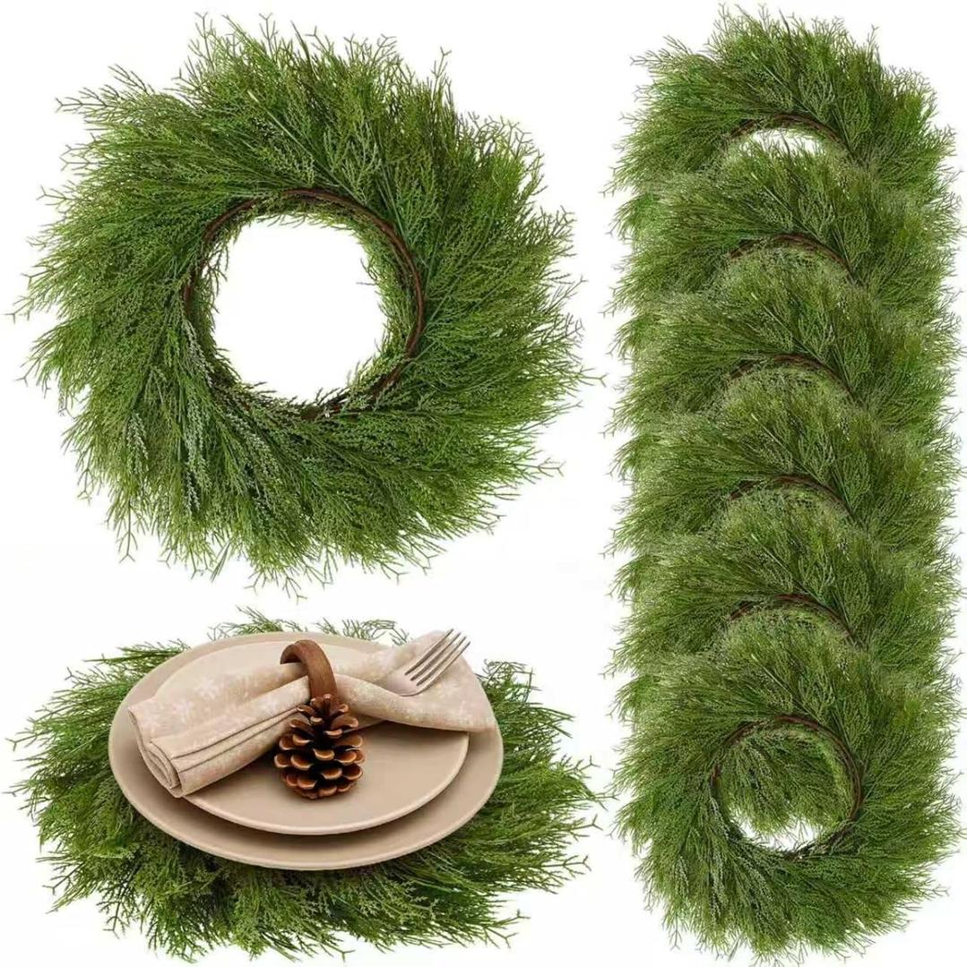 Christmas Placemats Set of 6 Round Greenery Place Mats Xmas Circular Artificial Wreath Dining Table Decor Winter Fake Plants Branches Mats for Kitchen Accessories (Pine Needles)