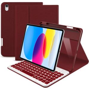 ABSONE for iPad A16 11th 10th Generation Case with Keyboard, 7 Colors Backlit Detachable Wireless Folio Keyboard Cover with Pencil Holder for iPad A16 11 inch Gen 2025 10th Gen 10.9 Inch 2022 Red