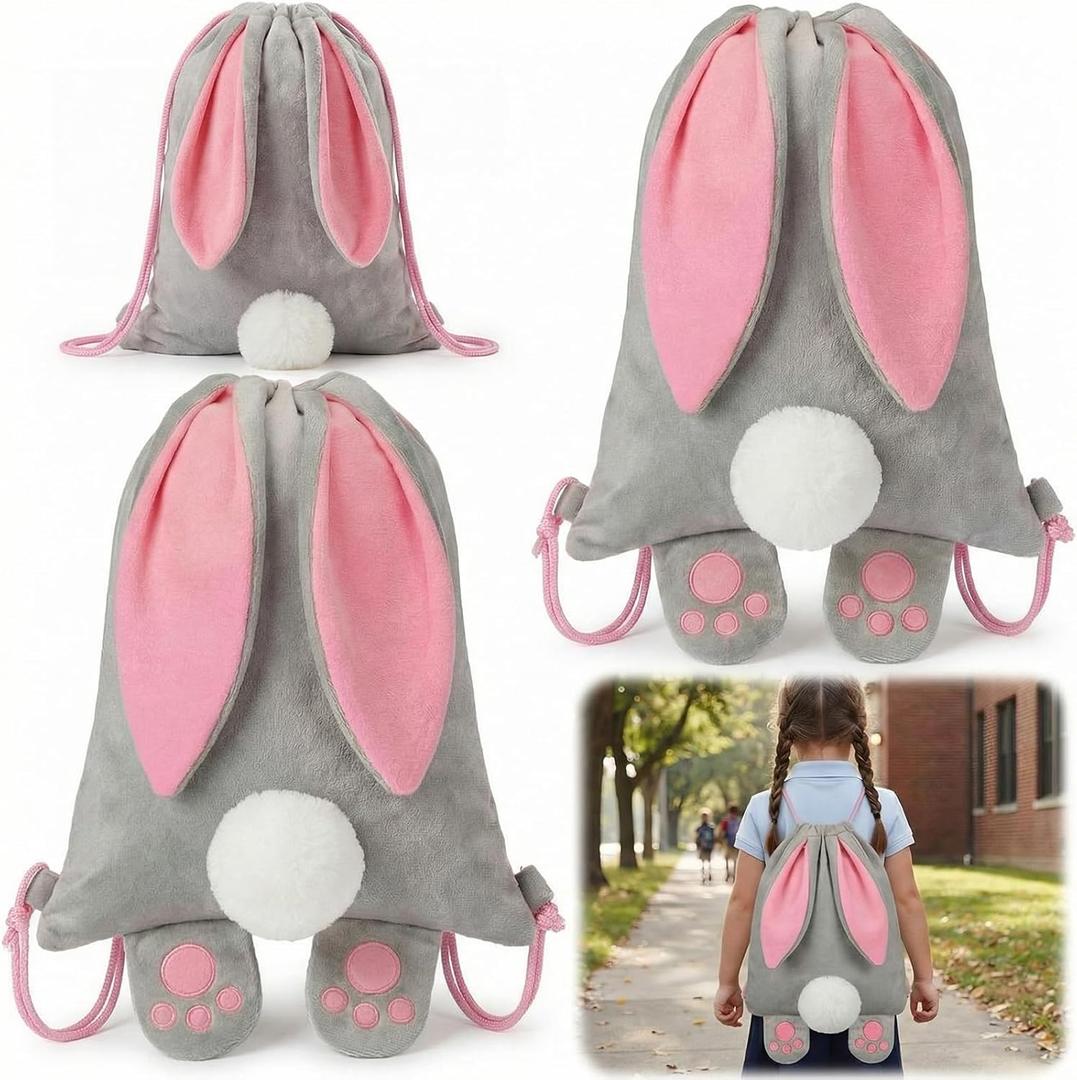 Abbylike 2 Pcs Large Velvet Easter Bunny Drawstring Backpack Bag Reusable Easter Bunny Bags Rabbit Treat Bag with Ears and Tail for Spring Holiday Party Favor Gift Egg Hunt Kids Birthday Supplies