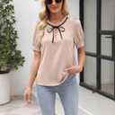 CiCiBird Womens Dressy Casual Blouses Elegant Business Work Tops Tie Front Puff Short Sleeve Shirt (Beige, XL)