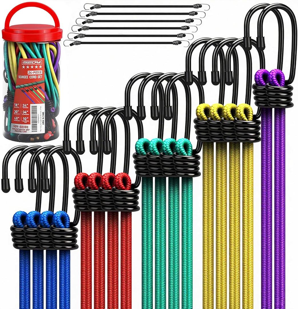 24-Piece Premium Bungee Cords Heavy Duty Outdoor, Bungee Cords with Hooks in a Storage Jar Includes 10", 18", 24", 30", 36", 48" Bungie Cord Bundle Assortment for Camping, Tent, Fastening Items