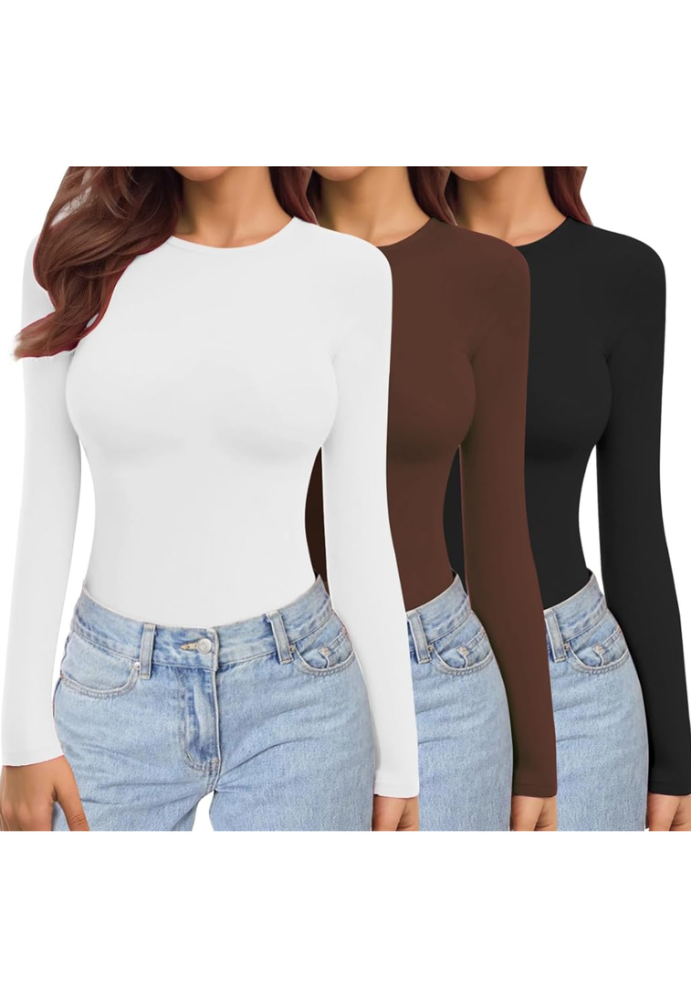 Ekouaer Womens 3 Pack Long Sleeve Shirts Crew Neck Stretch Fitted Underscrubs Trendy Basic Tops Lightweight Thermal Tee Black/White/Coffee Small
