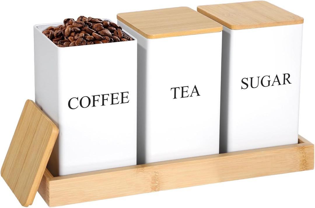 White 3-Piece Canister Set with Tray, Iron Tea, Coffee, Sugar Containers with Wooden Lids, Sealed Storage for Snacks, Coffee Beans, Kitchen Organization