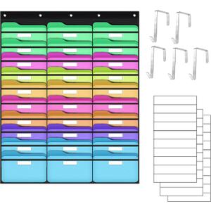 ABCxGOOD 30 Pockets Hanging Wall File Organizer, Transparent Clear Pockets Storage Chart with Over Door Hooks for Office, Classroom & Home, File Folder & Paper Organizer, Includes Labels (30 Pockets)