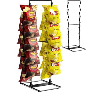 Chip Rack Display Stand, Potato Chip Display Rack with 24 Clips, 2 Row Chip Bag Holder for for Party Display, Snack Retail Display Rack Chip Stand Display for Countertop Store, Black